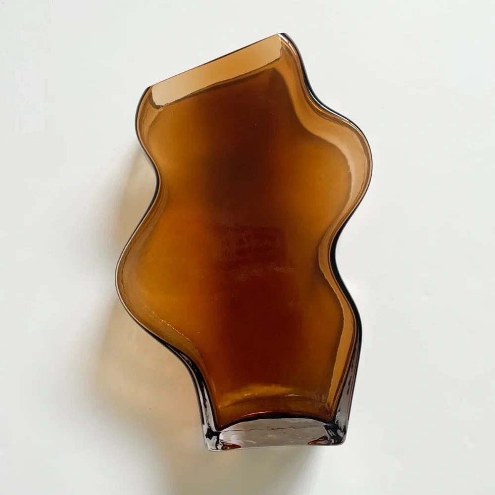 H&M Home Amber Wavy Sculptural Handmade Glass Vase NWT